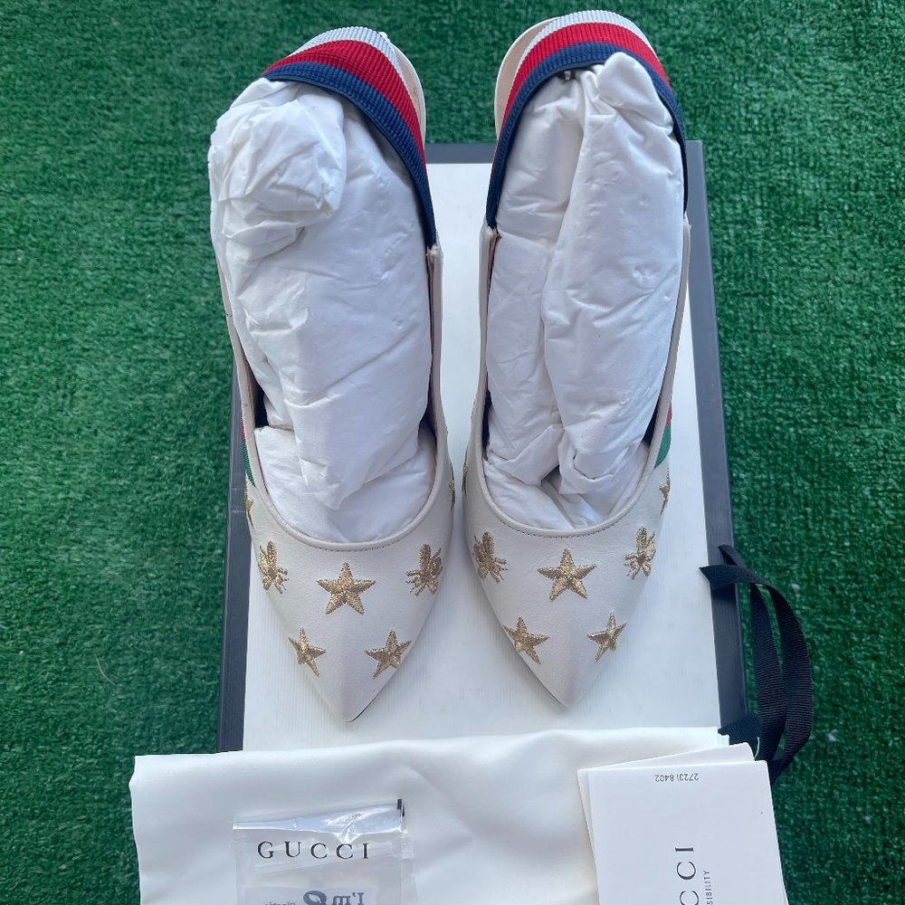Gucci Leather White Sylvie Bees And Star Slingback Pumps Size 7.5US